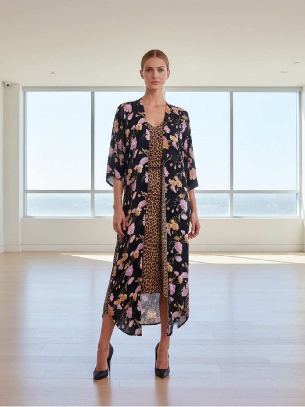 Saltwater LUXE Floral & Leopard Print Open-Front Kimono Lightweight & Flowy